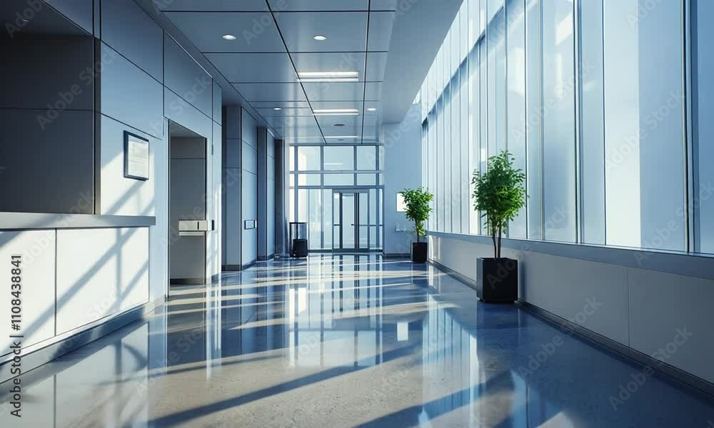 Sunlit Modern Office Hallway with Plants and Glass Walls Sunlit Modern Office Hallway with Plants and Glass Walls