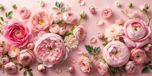 A delicate arrangement of pink roses, buds, and petals on a soft pink background, showcasing the beauty and elegance of nature's floral artistry.