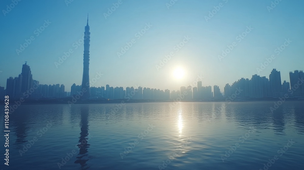 Sunset sky over the modern city skyline of Shenzhen, China with a wide-angle view, showcasing tall buildings and a square floor with empty space for text, illuminated by natural lighting.