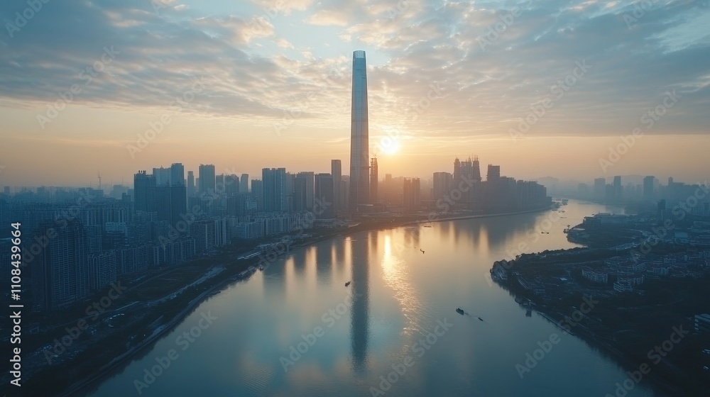 Sunset sky over the modern city skyline of Shenzhen, China with a wide-angle view, showcasing tall buildings and a square floor with empty space for text, illuminated by natural lighting. Sunset sky over the modern city skyline of Shenzhen, China with a wide-angle view, showcasing tall buildings and a square floor with empty space for text, illuminated by natural lighting.