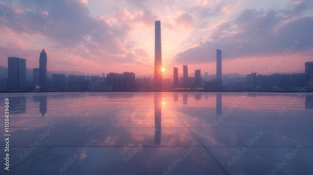 Sunset sky over the modern city skyline of Shenzhen, China with a wide-angle view, showcasing tall buildings and a square floor with empty space for text, illuminated by natural lighting. Sunset sky over the modern city skyline of Shenzhen, China with a wide-angle view, showcasing tall buildings and a square floor with empty space for text, illuminated by natural lighting.