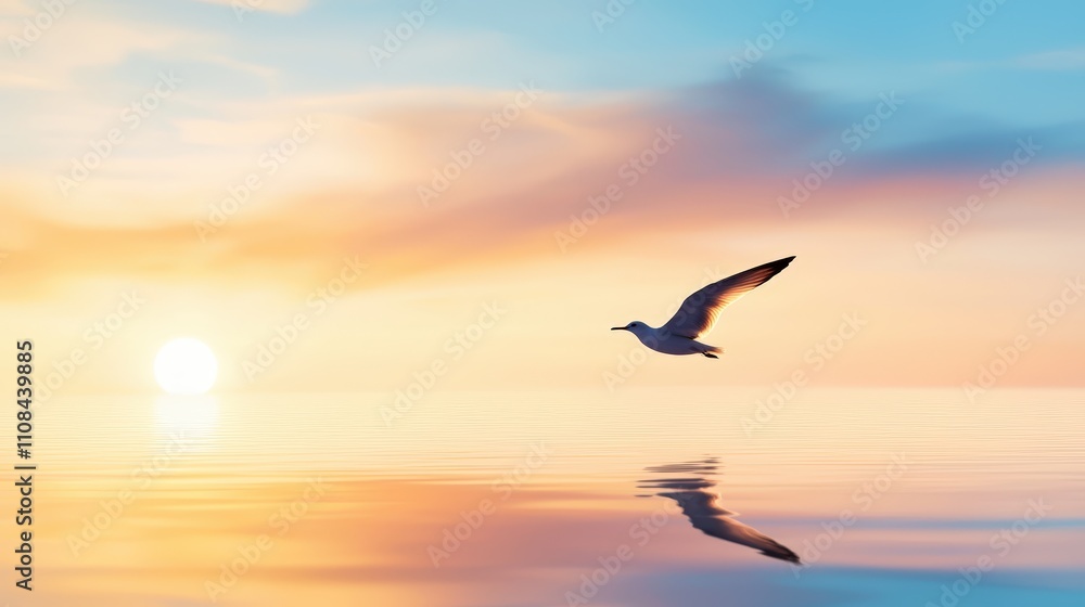 Fototapeta premium A single bird silhouette gliding over calm ocean waters at twilight.
