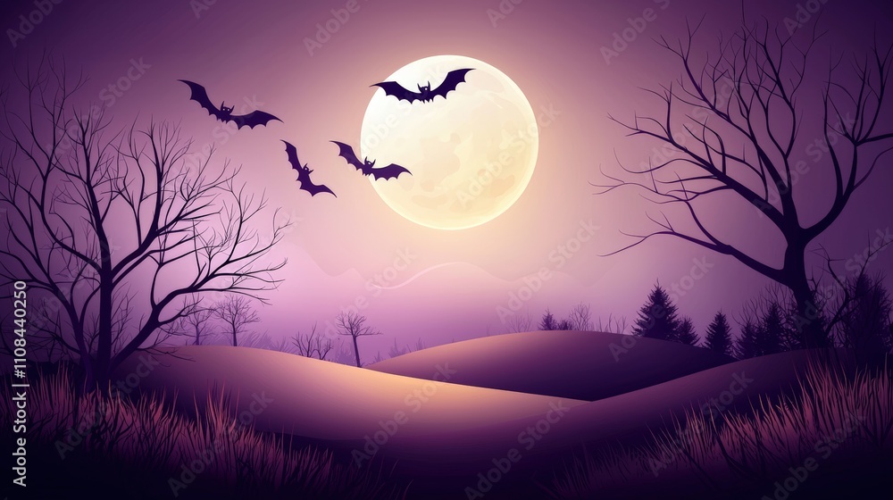 Fototapeta premium A spooky Halloween scene with bats flying under a full moon against a dark purple sky.