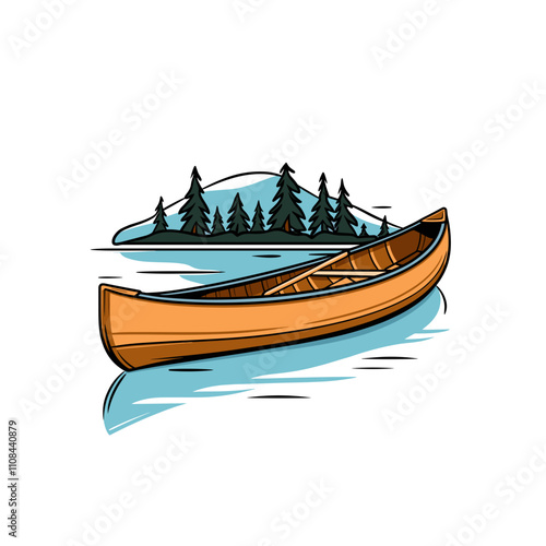 Canoe floating on calm water near forested mountain landscape