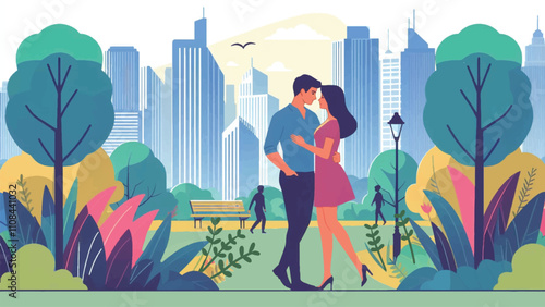 A couple is walking intimately in a city park with tall buildings in the background 