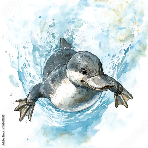 Watercolor painting of a Platypus diving into water. photo