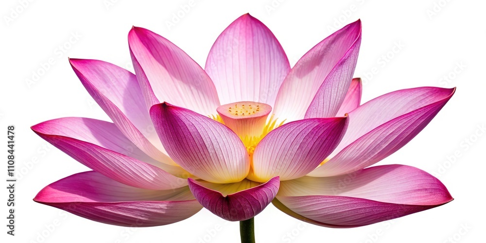 Naklejka premium Isolated Lotus Flower Top View - Panoramic Photography of a Single Lotus Blossom on White Background for Nature and Floral Illustrations