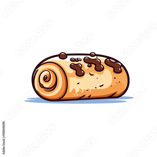 Sweet cinnamon roll with chocolate drizzle resting on white background