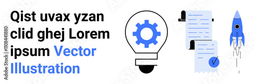 Light bulb with gear, documents with checkmark, and rocket. Ideal for business innovation, project planning, startups, productivity, technology, achievement, strategy Landing page