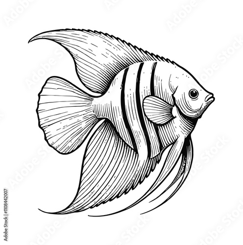 angelfish engraving black and white outline