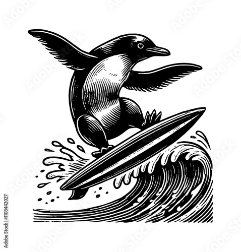 penguin surfing board engraving black and white outline