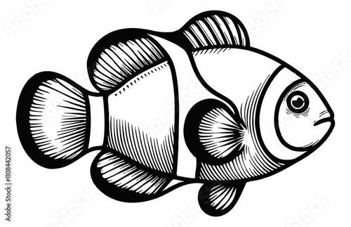 clown fish engraving black and white outline
