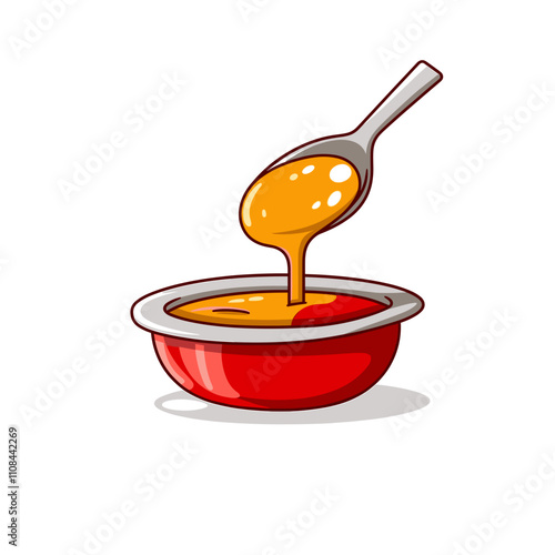 Spoonful of honey pouring into a red bowl on a white background