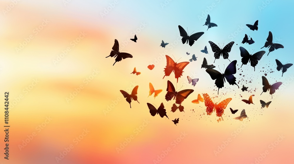 Fototapeta premium Artistic butterfly silhouettes clustered together, forming a nature-inspired abstract composition.