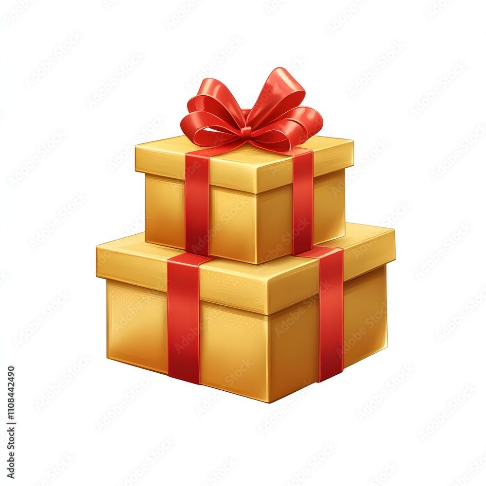 Obraz premium Two golden gift boxes tied with vibrant red ribbons, a perfect symbol of celebration and generosity.