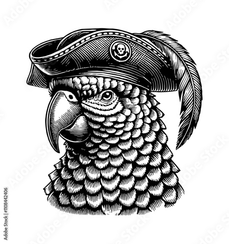 parrot pirate hat engraving black and white outline
