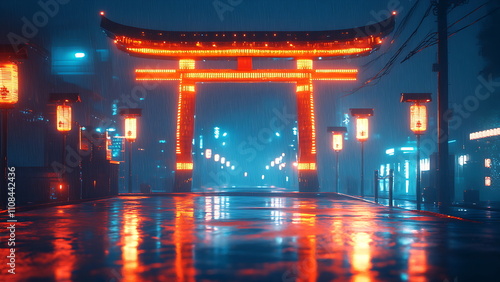 a cinematic view of torii gate, cyberpunk style on dark background