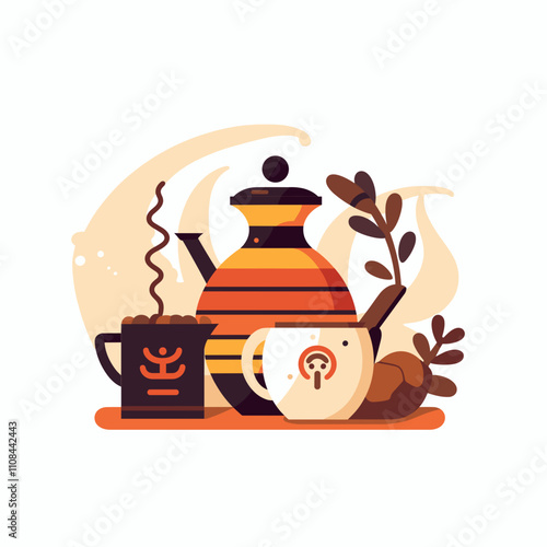 Beautiful vector illustration of tea set with kettle and cups