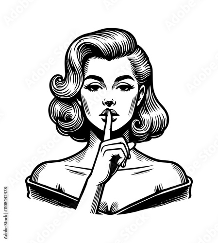 woman with silence hand gesture engraving black and white outline