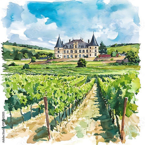 Watercolor Painting of a Chateau in a Vineyard in France.