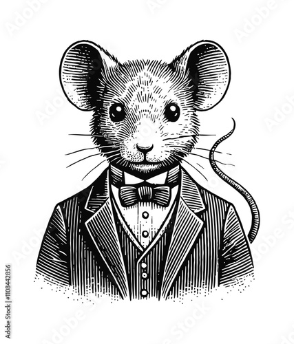mouse gentleman engraving black and white outline