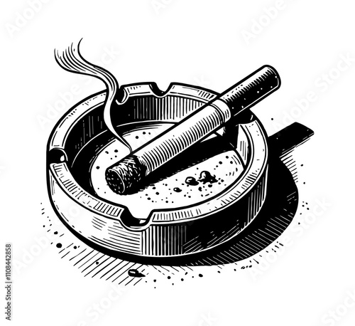 ashtray with a cig engraving black and white outline