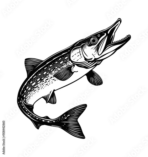 pike fish engraving black and white outline
