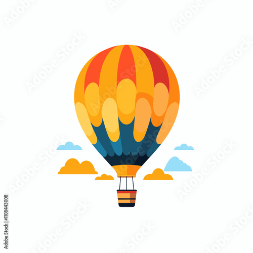 Colorful hot air balloon floating in a clear sky with clouds