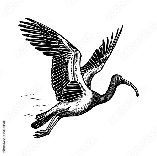 ibis bird fly engraving black and white outline