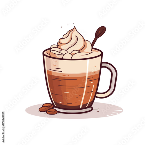 A stylishly drawn frothy coffee drink sits in a transparent cup