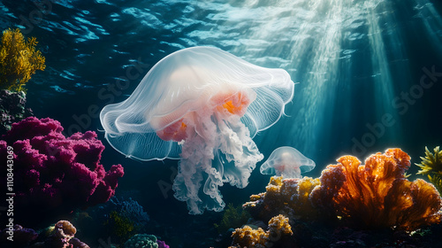 A large jellyfish floats gracefully above a vibrant coral reef, illuminated by sunbeams penetrating the ocean surface.