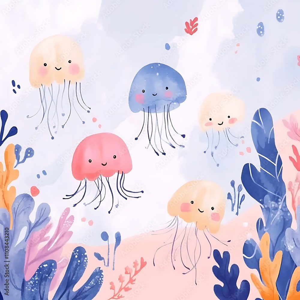 Naklejka premium Delightful Watercolor Illustration of Cute Jellyfish with Seaweed in Pastel Colors.