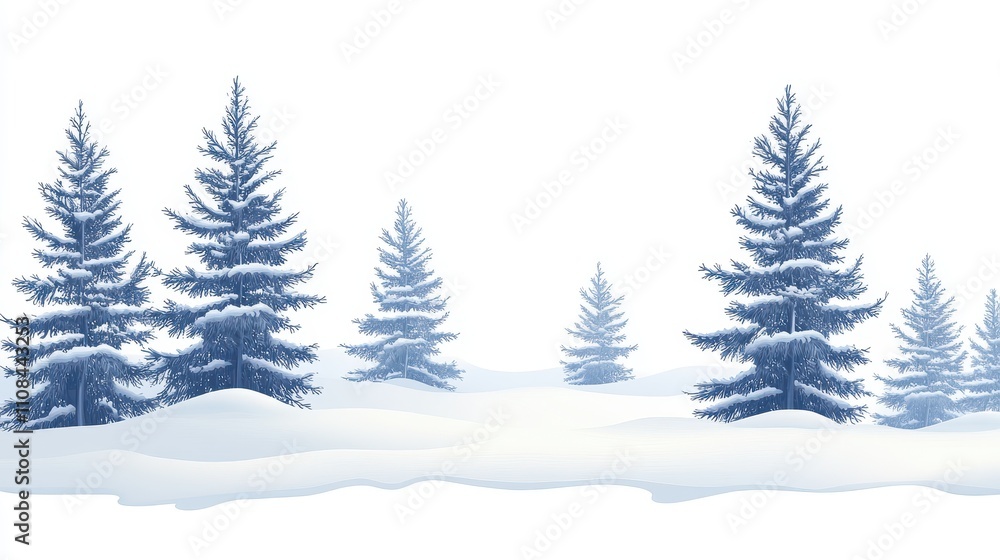 Obraz premium Winter landscape with snow covered pine trees isolated white background, white vector illustration in clipart style. Template concept with copy space. Decorative card or banner design