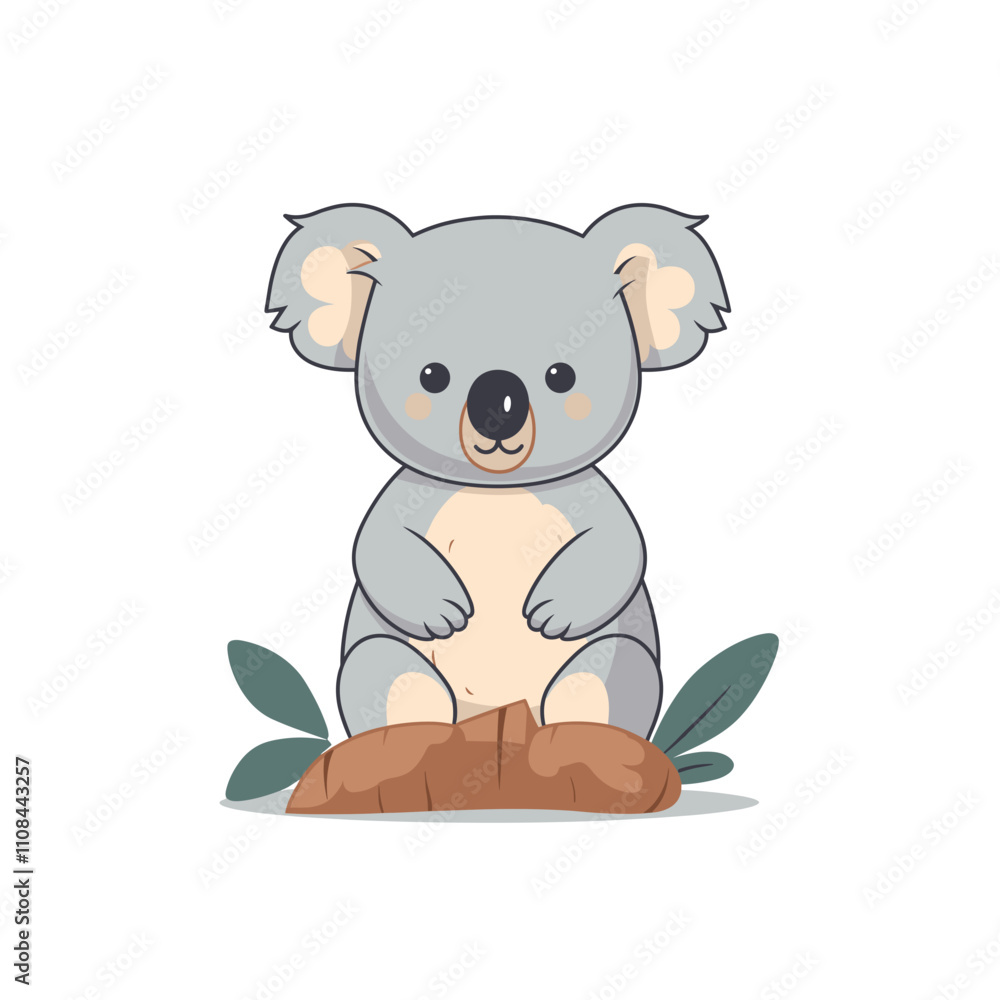 Obraz premium Cute cartoon koala sitting on a log surrounded by greenery