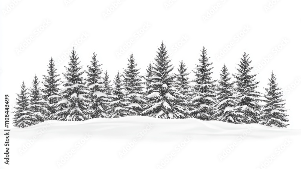 Fototapeta premium Vector winter forest with snow covered pine trees, isolated on white background. Template background concept. Banner or card design with copy space