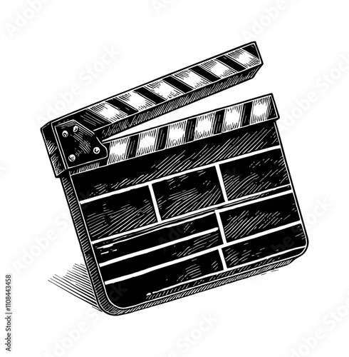 movie clapperboard engraving black and white outline