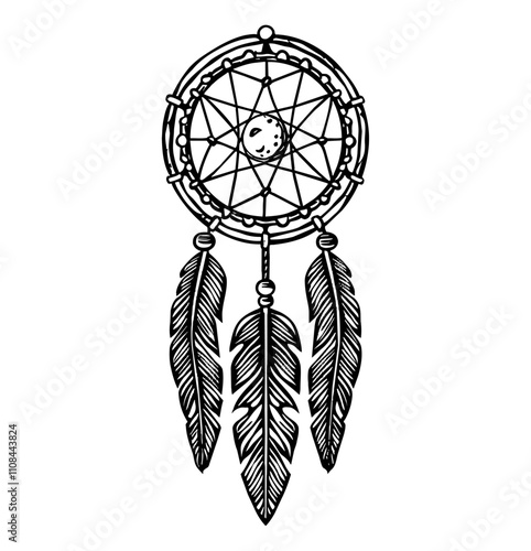 dream catcher engraving black and white outline