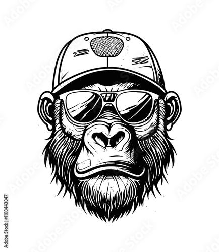 gorilla cap sunglasses engraving black and white outline