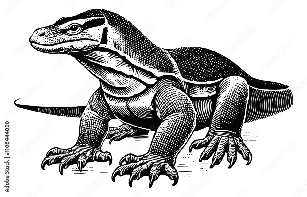 Fototapeta premium komodo engraving black and white outline