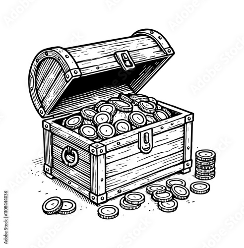 wooden chest treasure gold coin engraving black and white outline