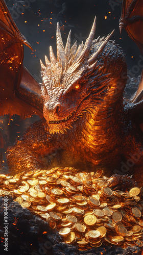 Greedy Dragon Guarding a Treasure in a Volcanic Cave photo