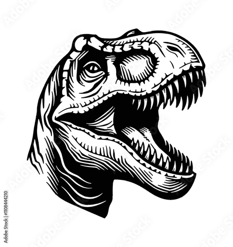 tyrannosaurus head engraving black and white outline