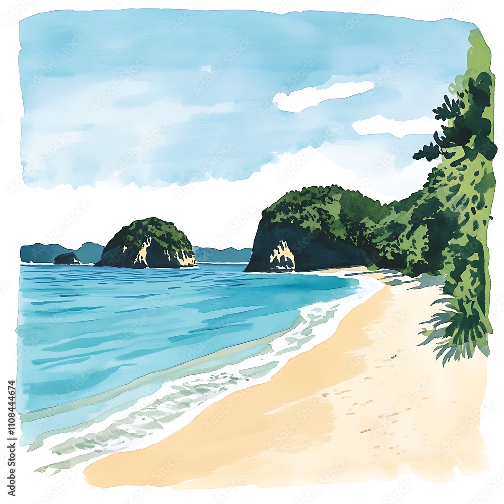 Naklejka premium Watercolor painting of a tranquil beach scene with lush green hills and turquoise water.
