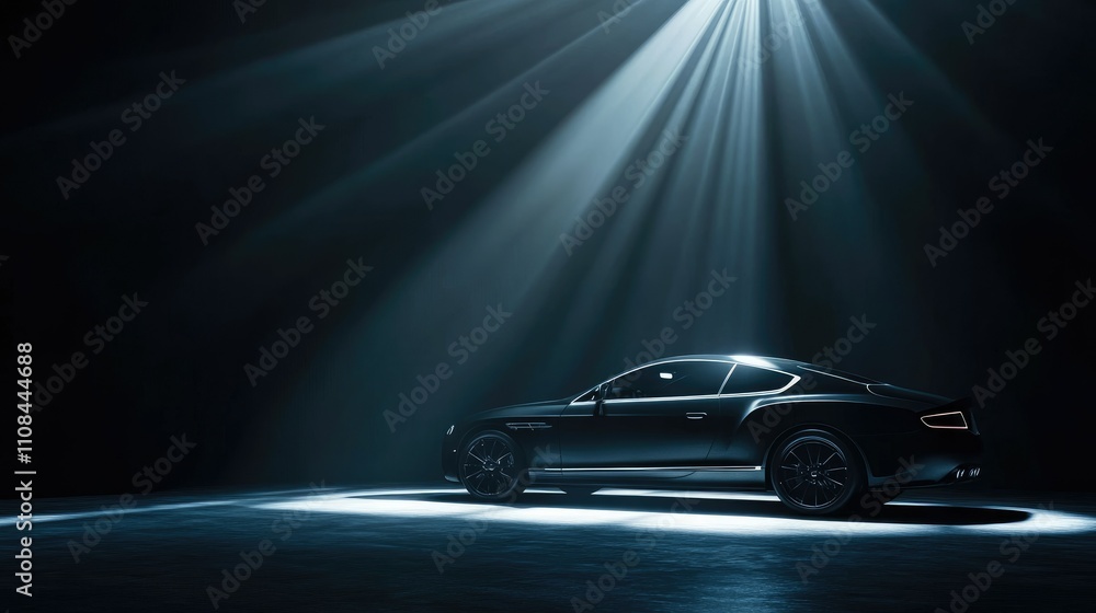 Fototapeta premium A sleek black car illuminated by dramatic lighting in a dark setting.
