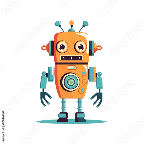 Colorful retro robot standing proudly with cheerful expression in a playful setting