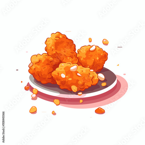 Crispy orange chicken nuggets served on a white plate with scattered crumbs