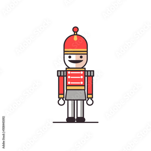 Wooden soldier figurine in traditional red and gray uniform with playful expression