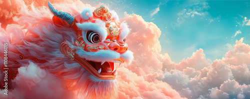 Vibrant digital art of a fierce lion dance head amidst fluffy clouds, ideal for Lunar New Year celebrations, festive designs, and cultural events. photo