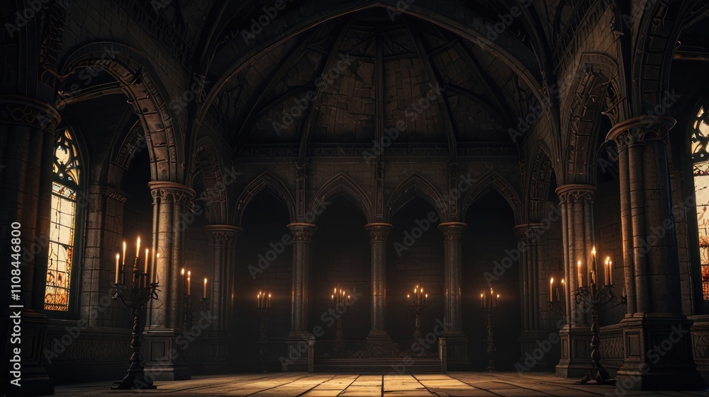 Obraz premium Here's a description and keywords for your image... Dark, gothic cathedral interior with stone columns, stained glass, and candlelight.