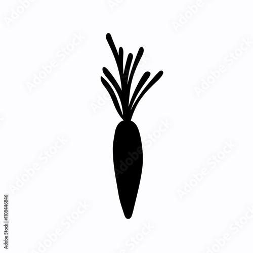 Stylized silhouette of a carrot with green tops against a plain background